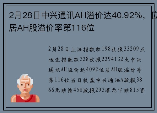 2月28日中兴通讯AH溢价达40.92%，位居AH股溢价率第116位