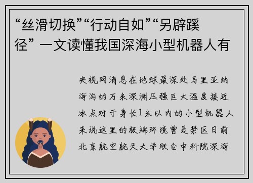“丝滑切换”“行动自如”“另辟蹊径” 一文读懂我国深海小型机器人有多牛