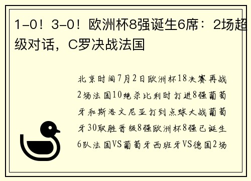 1-0！3-0！欧洲杯8强诞生6席：2场超级对话，C罗决战法国