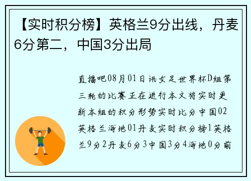 【实时积分榜】英格兰9分出线，丹麦6分第二，中国3分出局