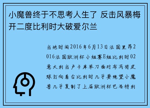 小魔兽终于不思考人生了 反击风暴梅开二度比利时大破爱尔兰